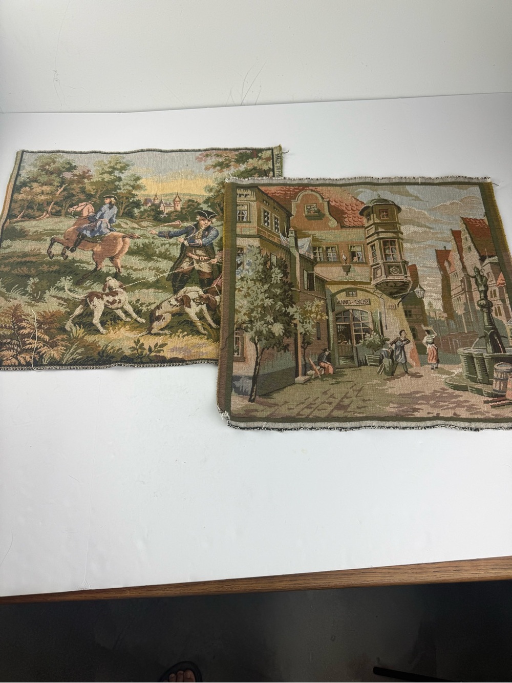 VTG Set of 2 Woven Tapestry Fabric Panels European Scenes Hunt Village France